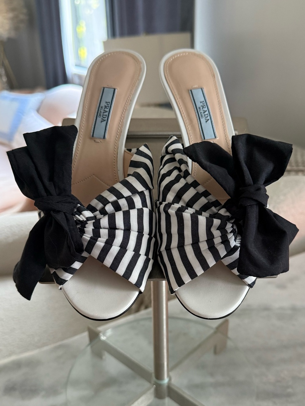 Prada Black & White Striped Bow Slide Mules